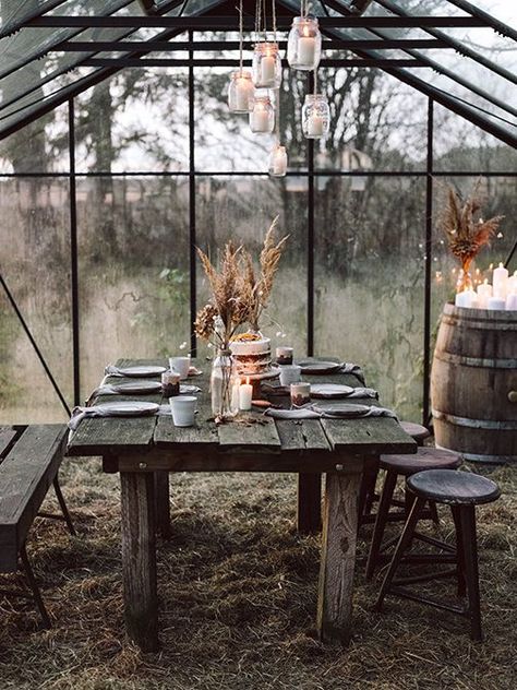 Greenhouse gathering | Greenhouse dining | Simple dining | Slow living Glass House, Table Set, A Table, Candles, Glass, Plants