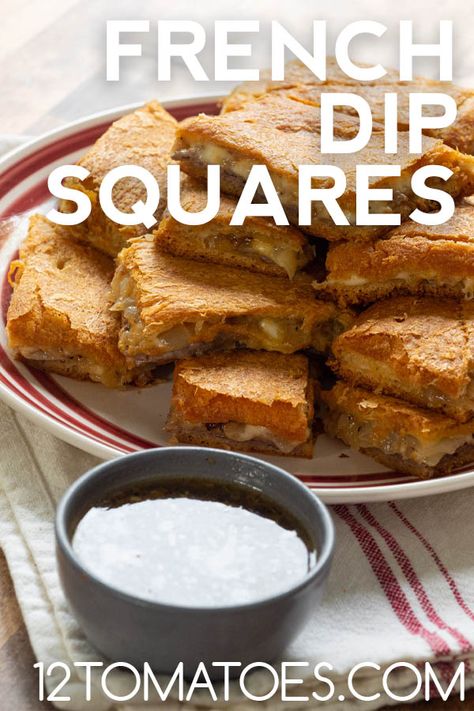 French Dip Squares | 12 Tomatoes French Dip Squares With Crescent Rolls, French Dip Squares, Easy Au Jus Recipe, French Dip Crescents, French Dips, Light Lunches, Hot Sandwiches, Ground Beef Chili, Sliced Roast Beef