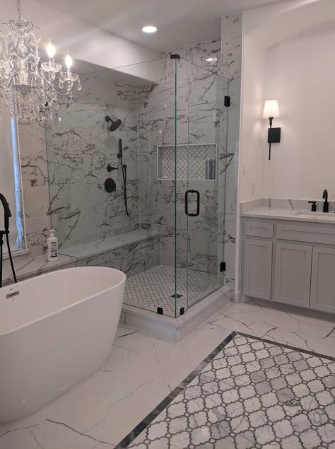 Celebrity Bathrooms Master Bath, Master Bathrooms Luxury Modern, Upgrade Bathroom, Large Bathroom Remodel, Shower Upgrade, Stairs Designs, Bathroom Under Stairs, Bathroom Shower Panels, Tub Design