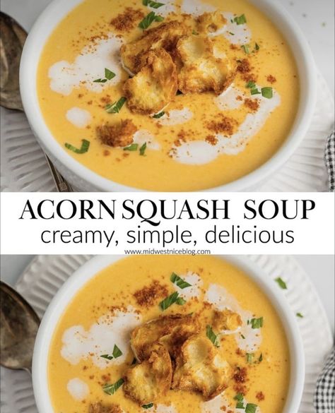 Thanksgiving recipes fall squash soup Salad With Acorn Squash, Squash Corn Soup, Acorn Squash Sweet Potato Soup, Squash Soup Acorn, Acorn Squash Recipes Soup, Recipe With Acorn Squash, Leftover Acorn Squash Recipes, Soups With Squash, Yellow Acorn Squash Recipes