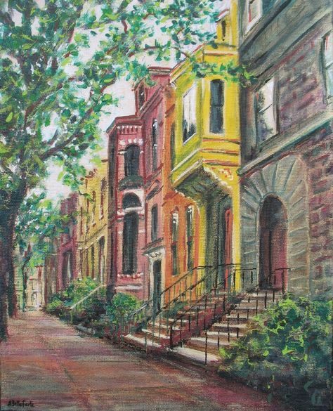 Brownstones Townhouse Painting, Streets New York, Acrylic Painting Images, College Wall Art, Painting Images, City Canvas, Dorm Art, Green Paintings, Watercolor Paintings Easy