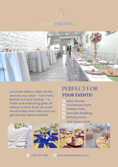 Rent an #affordable venue in Queens, New York for your next holiday party! Contact us to book our space now!! 📞 (718) 905-0196 🌐 ajseventparlour.com #party #event #eventplanner #venue #newyork #queens #newyorkeventspace #smallbusiness #blackbusiness #birthday #babyshower #bridalshower #sweet16 #partyplanner #outdoor #patio #dinnerparty #intimatewedding Venue Marketing, Event Space Business, Prom Venues, Book Marketing Plan, Event Space Design, Party Deco, Queens New York, Event Hosting, Good Dates