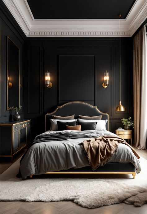 Black Bedroom Ideas Black White Gold Room Bedrooms, Black And Gold Bedroom Ideas, Black Bedroom Decor Ideas, Black And Gold Bedroom, Black Room Ideas, Modern Black Bedroom, Black Bedroom Ideas, Black Bedroom Decor, Global Decor