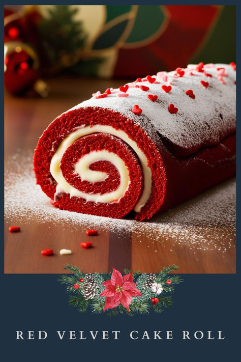 This Red Velvet Cake Roll ;

Ingredients:

4 eggs
3/4 cup sugar
1/2 cup all-purpose flour
2 tbsp cocoa powder
1 tsp red food coloring
8 oz cream cheese
1/2 cup powdered sugar

Instructions:

Preheat oven to 350°F (175°C). Line a jelly roll pan with parchment paper.
Beat eggs and sugar until fluffy. Add cocoa powder, flour, and red food coloring. Mix until combined.
Bake for 10-12 minutes. Cool, unroll, and spread a cream cheese filling made with cream cheese and powdered sugar. Roll and chill. Red Velvet Roll Recipe Cake Mixes, Red Velvet Log Cake, Snowflake Red Velvet Cake Roll, How To Make A Cake Roll, Red Velvet Cake Roll With Box Cake, Red Velvet Cake Roll Recipe, Red Velvet Roll Cake, Christmas Roll Cake, Red Velvet Roll