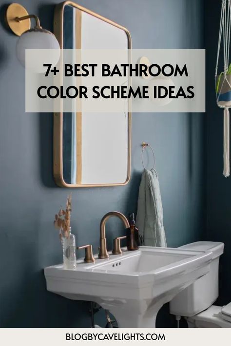 7 bathroom color scheme ideas Bathroom With Colored Walls, Navy Blue Bathroom Color Scheme, Mens Bathroom Color Schemes, French Blue Bathroom Walls, Bathroom Vanity Same Color As Walls, Best Blue Bathroom Paint Colors, Navy Blue Vanity Bathroom Wall Color, Bathroom Tile Color Ideas, Modern Bathroom Color Ideas