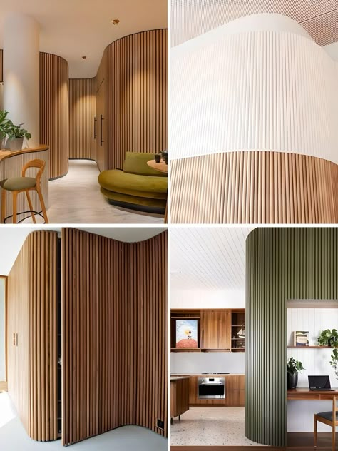 Solid Wood Flexible Curve Tambour Decoration Panel Wood Panels Interior, Furniture For Curved Wall, Curved Slat Wall, White Oak Interior Design, Flexible Wood Panels, Curved Wall Paneling, Curve Wall Design Interiors, Curved Walls Interior, Creative Furniture Design