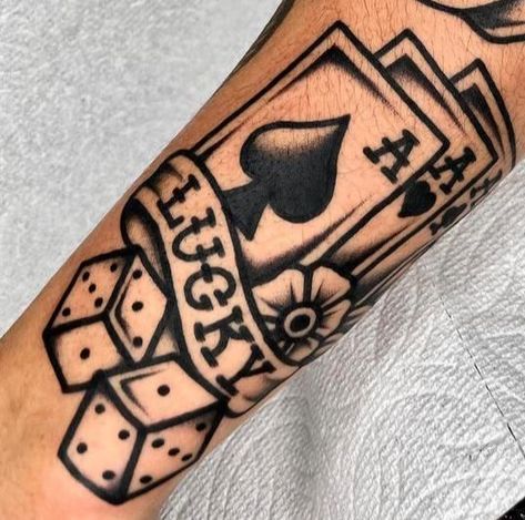 Poker Tattoo, Playing Card Tattoos, Casino Tattoo, Tato Tradisional, Lucky Tattoo, Half Sleeve Tattoos Forearm, Optical Illusion Tattoos, Illusion Tattoos, Cowgirl Tattoos