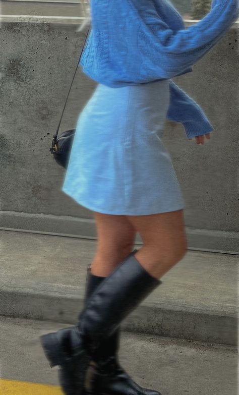 Light Blue Skirt Outfit Ideas, Knee High Boots Skirt Outfit, High Boots Skirt Outfit, Knee High Boots Skirt, Aesthetic Outfit Pics, High Boots Skirt, Boots Skirt Outfit, Photoshoot Car, Blue Skirt Outfits