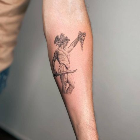 Perseus And Medusa Tattoo, Perseus Medusa Tattoo, Medusa Perseus Tattoo, Augustus Caesar Tattoo, Perseus Tattoo Design, Perseus Forearm Tattoo, Perseus Tattoo, Perseus Vs Medusa Tattoo, Greek Mythology Tattoos Forearm