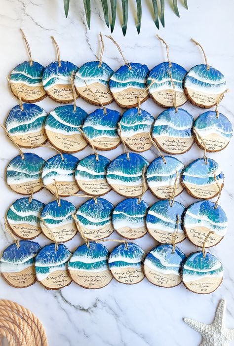 ☀️Yearly family Christmas ornament☀️Keepsake of a favorite beach destination☀️Memory of Baby’s first beach trip☀️Wedding favors in bulk☀️Engagement gifts☀️Honeymoon momento☀️Corporate gifts☀️Girls trip☀️Cruise momento☀️Family trip souvenir☀️Vacation Keepsake☀️World travelers keepsake☀️Tenant gifts☀️New home ornament☀️Ornament Exchange And so many more ways to personalize your ornaments!These rustic wood slices are handcrafted, made from epoxy with super frothy life like waves! Each piece comes w Tenant Gifts, Ocean Ornaments, Beach Christmas Ornaments, Clean Wood, Beachy Christmas, Coastal Theme, Teacher Ornaments, Ornament Exchange, Home Decor Wedding