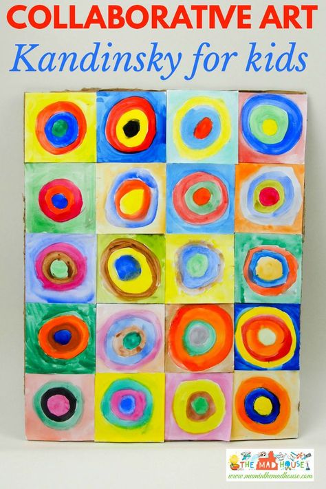 Kandinsky for kids – concentric circles in squares - great for collaborative art project! Kadinsky For Kids, Collaborative Art Projects For Kids, Kandinsky For Kids, Group Art Projects, Class Art Projects, Art Project For Kids, Collaborative Art Projects, Kandinsky Art, Project For Kids