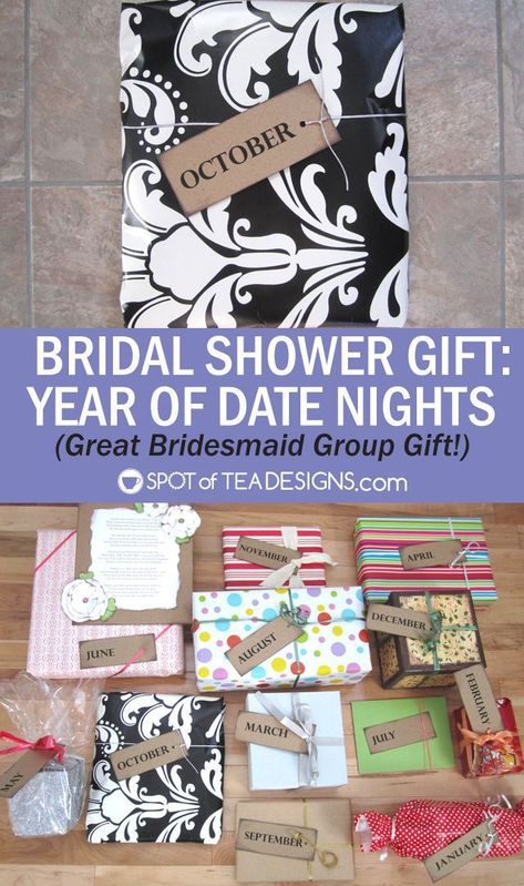 Year of Date Nights - Great Group Bridal Shower Gift Date Night Basket, Wedding Gifts For Newlyweds, Date Night Gifts, Bridal Shower Gifts For Bride, Wedding Shower Themes, Married Gift, Bridal Shower Diy, Tea Design, Wedding Gift Baskets