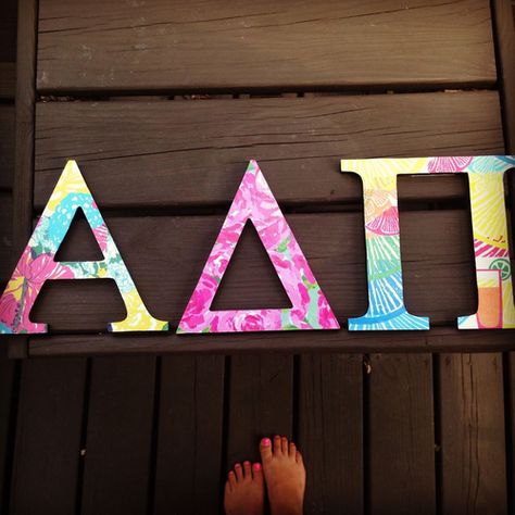 Adpi Letters, Cute Sorority Letters Painted, Greek Letters Painted, Wooden Sorority Letters, Delta Zeta Letters Painted, Sorority Letters Painted Wooden, Wooden Greek Letters, Greek Crafts, Big Little Canvas