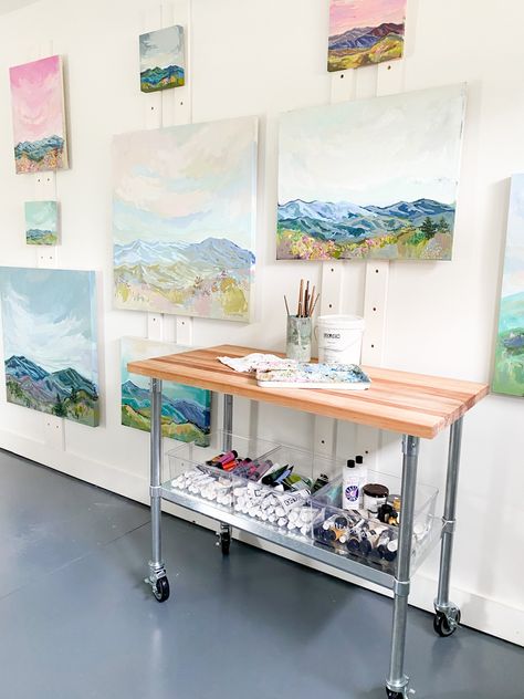 Garage to Art Studio Conversion – Life Is Art Art Studio Hanging Systems, Mixed Media Art Studio Organization, Painting Studio Organization, Paint Studio Ideas Spaces, Painting Studio Ideas, Art Studio Set Up, Small Painting Studio, Painting Studio Workspaces, Painting Room Ideas Art Studios