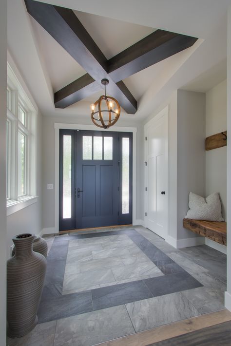 Entry: ceramic tile floor with contrasting color ceramic tile detail, coffer ceiling with box beam cross detail, floating rustic wood bench Entry Ceiling Design Foyers, Entrance Ceramic Floor, Front Entrance Tile Ideas Entryway, Dining Room Tile Floor Ideas, Front Entrance Flooring, Front Hallway Tile Floor, Box Ceiling Ideas, Foyer Floor Tile, Foyer Floor Design