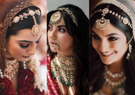 The Most Stunning And Trendy Sispattis We Spotted On Coronial Brides! Matha Pati Bride, Bridal Sheesh Patti, Mathapatti Hairstyles Indian Weddings, Matha Patti Hairstyles Brides, Indian Bridal Jewellery Set Wedding, Indian Headpiece Jewelry, Sheesh Phool Hairstyle, Bridal Mathapatti Hairstyles, Mathapatti Brides