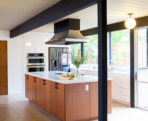 Kitchen With Beam, Eichler Kitchen, Teal Kitchen Cabinets, Interior Design Portfolios, Teal Kitchen, Black Kitchen Island, Eichler Homes, White Kitchen Island, New Kitchen Designs