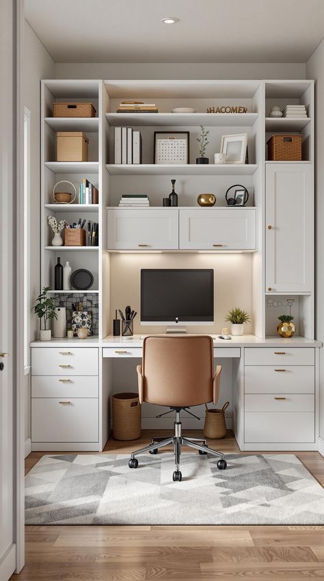 Tiny Office Space Ideas Office Space With Storage, Small Office Shelves Ideas, Desk Wall Cabinets, Small Office With Cabinets, Tiny Office Space Ideas Closet, Tiny Office Storage, Tiny Office Layout, Wall Mounted Office Storage, Tiny Office Storage Ideas