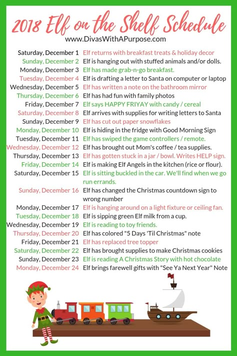 2018 Elf on the Shelf Schedule Elf On The Shelf Schedule, Simple Elf On The Shelf, Elf On Shelf Printables, Elf Of The Shelf, Elf Stuff, Christmas Cuties, Elf Magic, Awesome Elf On The Shelf Ideas, Elf Activities