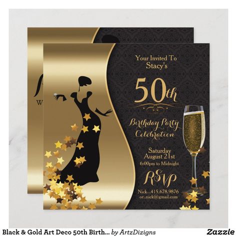 Black & Gold Art Deco 50th Birthday Invitation Black Gold Art, Fiesta Birthday Invitations, 50th Birthday Invitation, Art Deco Invitations, 50th Birthday Party Invitations, Spy Gear, 21st Birthday Invitations, 50th Birthday Invitations, Fiesta Birthday