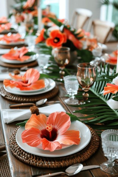 Tropical Cocktail Table Decor, Tropical Centerpieces Diy, Tropical Wedding Table Decor, Luau Table Decorations, Tropical Table Setting, Tropical Paradise Party, Tropical Tablescape, Tropical Chic Decor, Tropical Table