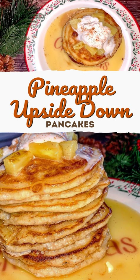 Pineapple Coconut Pancakes, Gourmet Pancakes Recipes, Upside Down Pineapple Pancakes, Pineapple Pancakes Recipe, Pancake Flavor Ideas, Pineapple Upside Down Pancake Recipe, Hawaiian Pancakes, Pineapple Upside Down Pancakes, Cherry Pancakes