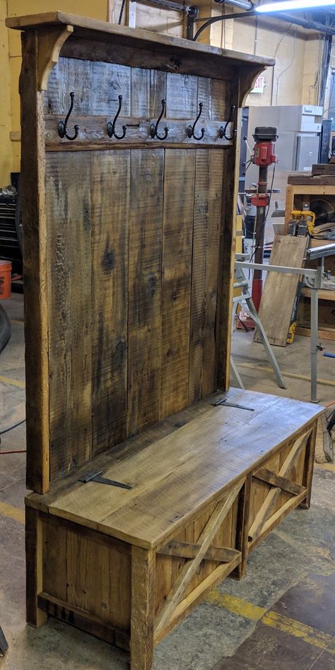 "Reclaimed Weathered Barnwood Furniture Rustic Halltree w/ Bench Seat, Cubbyholes, & Coat Hanger Hooks Overall Measurements; 72\"H x 48\"W x 20\"D *Please contact us before purchasing if you have other Custom Order Inquiries not listed here* (Due to fluctuating pricing & logistics with shipping Size & Weight of Furniture when crated, we can not provide accurate shipping prices at the time of purchase through Etsy) *Please make sure ALL OF YOUR CONTACT INFORMATION IS CURRENT and up to Old Barnwood Craft Ideas, Pallet Coat Hanger, Furniture That Sells, Pallet Wood Crafts To Sell, Pallet Coat Rack, Rustic Furniture Ideas, Rustic Coat Rack Entryway, Entryway Coat Rack And Bench, Barnboard Projects