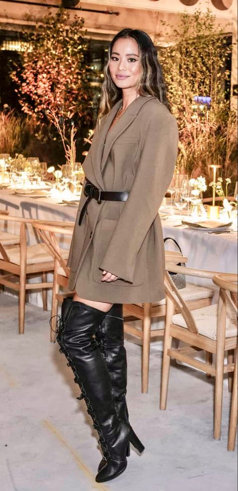 Jamie Chung Style, Jamie Chung, Winter Fits, Thigh High Boots, Thigh High, Top Tier, Thigh Highs, High Boots, Winter Outfits