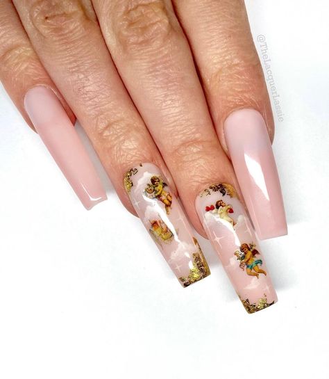 Cherub Curls, Cherub Nails Designs, Cherub Nails, Nail Design Square, Cherub Jewelry, Cherub Design, Xl Nails, Angel Nails, Cherubs On Horseback