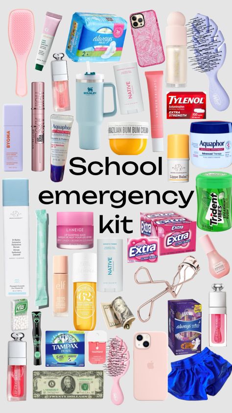 #preppy #aestehtic #school #emergencykit #schoolemergencykit #period #girls #girlythings Emergency Kit For Girls, Middle School Essentials, School Emergency Kit, School Backpack Essentials, Pretty School Supplies, High School Backpack, School Bag Essentials, Backpack Essentials, Travel Bag Essentials