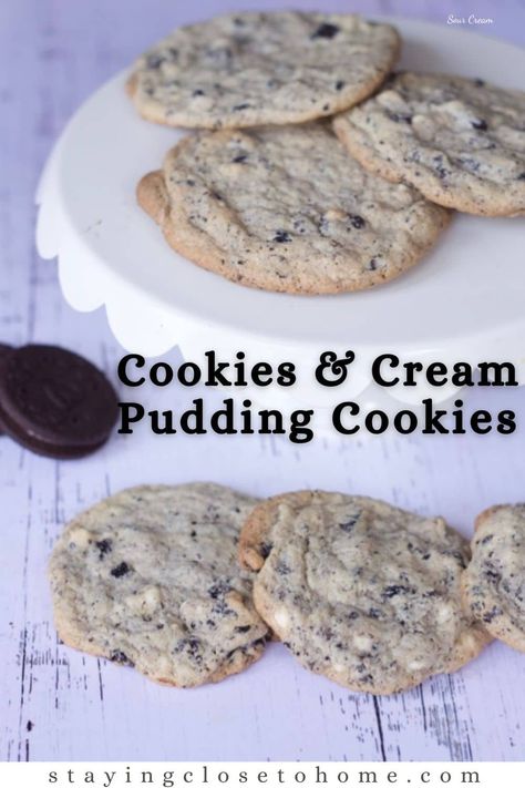 New family favorite chip cookie. Cookies and Cream Pudding cookies are the perfect combination for any cookie lover. Not only are there chunks of Oreo cookies and white chocolate chips mixed throughout the dough, but you also have Oreo pudding baked into the cookie. Cookies And Cream Pudding, Oreo Pudding Cookies, Pudding Cookies Recipes, Sour Cream Cookies, Oreo Pudding, Pudding Cookies, Filled Cookies, Drop Cookies, New Family