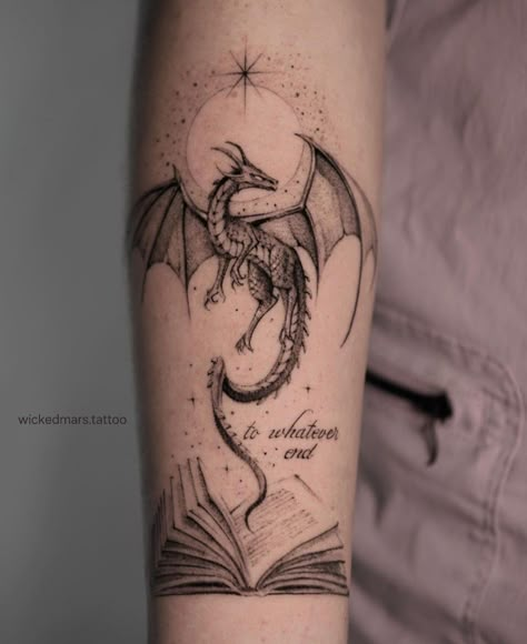 dragon tattoo Dragon From Harry Potter Tattoo, Dragon Tattoo For Women Fourth Wing, Open Book Dragon Tattoo, Emperyan Series Tattoo, Inner Arm Dragon Tattoo, Dragon Hoarding Books Tattoo, Dragon Flying Up Tattoo, Dragon Tattoo Forearm Wrap, Dragon Feminine Tattoo