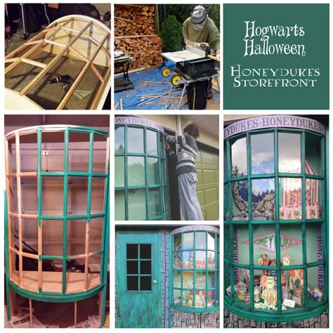 Honeydukes Sweet Shop For our halloween display we constructed a faux storefront in our garage.  All of the window moldings had to be custom made for the half circle.  It was then painted teal and dressed with Candy. #HarryPotter #Honeydukes #Halloween Harry Potter Storefront Diy, Diy Ollivanders Wand Shop, Harry Potter Store Fronts, Diy Honeydukes Shop, Diy Diagon Alley Shops, Harry Potter Halloween Display, Harry Potter Window Display, Window Moldings, Harry Potter Honeydukes