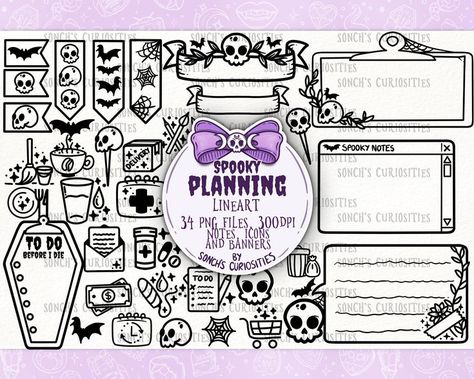 Introducing a spooky twist to your planner with our unique and stylish digital icons! These stickers are perfect for adding a touch of goth style to any planner or journal. Whether you're looking to add some Halloween flair, or just want to make your daily life more exciting, these stickers are sure to do the trick. So why wait? Add some spooky charm to your planner today! Spooky Digital Stickers, Spooky Planner Ideas, Goth Planner Ideas, Goth Doodles, Lineart Digital, Goth Planner, Halloween Planner Stickers, Pastel Goth Style, Planner Clipart