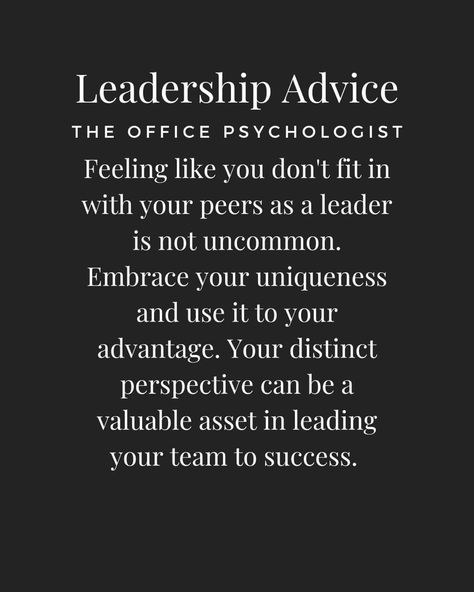 Experiencing a sense of not fitting in with your peers as a leader can be challenging, but it's also an opportunity to leverage your uniqueness. Remember that leadership often calls for different viewpoints and approaches. Your distinct perspective can be a valuable asset in solving problems, making decisions, and leading your team to success. Rather than trying to blend in, embrace your individuality and use it to your advantage. Emphasize your strengths, focus on your team's goals, and let you La Quotes, Leadership Communication, Effective Leadership Skills, Creative Strategy, Career Affirmations, Leadership And Management, Leadership Advice, Nursing Leadership, Good Leadership Skills