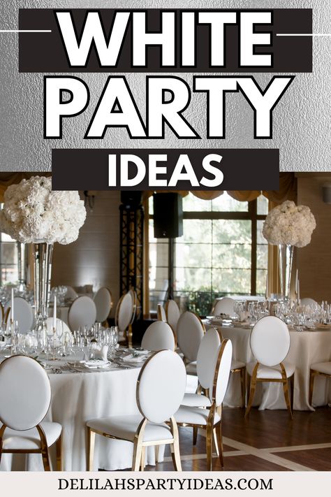 Planning a white party for adults? Keep the elegance going with white outfits and classy decorations. Consider serving a sophisticated menu of white foods like pasta with white sauce and white chocolate desserts. Enhance the experience with white-themed games and a cozy atmosphere created by white string lights. White Linen Party Decor, All White Tablescape, Elegant Party Themes Classy, White And Silver Decorations Party, Pasta With White Sauce, Elegant Party Themes, White Foods, White Theme Party, White Chocolate Desserts