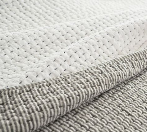 Chambray Pickstitch Wheaton Reversible Striped Cotton/Linen Quilt, King/Cal. King | Pottery Barn Hand Stitch Quilt, Kantha Baby Quilt, Muslin Quilt, Bohemian Quilt, Pick Stitch, Indian Quilt, Kantha Blanket, Handmade Bed, Pretty Quilt