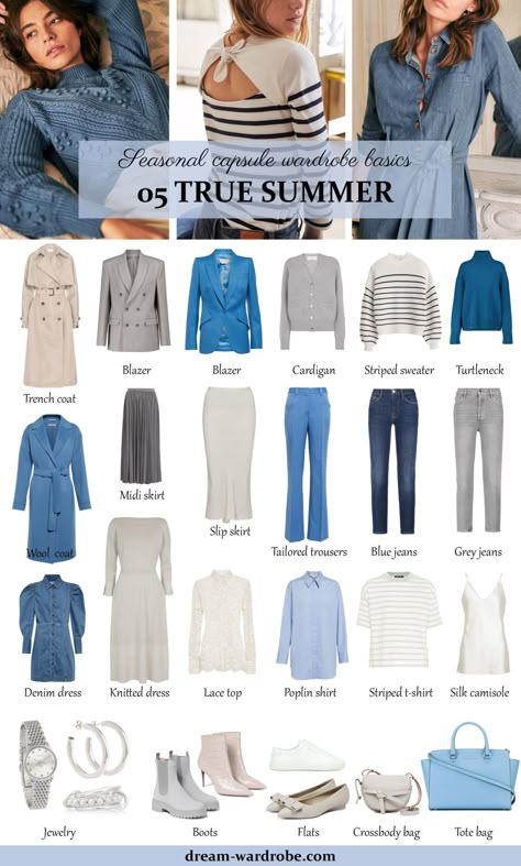 Cool (True) Summer Color Palette and Wardrobe Guide – Dream Wardrobe Summer Cool Light Fashion, Muted Summer Capsule Wardrobe, Summer Clothing Palette, Soft Summer Colour Palette Fashion, Denim For Soft Summer, Outfits For Summer Coloring, Cool Muted Capsule Wardrobe, Summer Soft Color Palette, Outfits For Cool Summer Palette