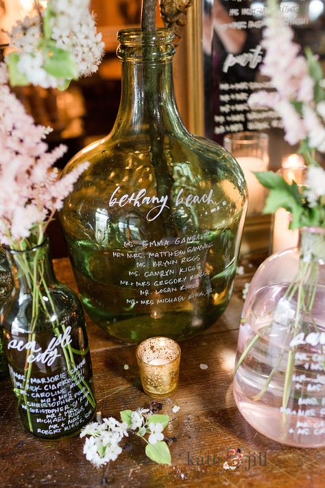 Glass Vase Seating Chart | Glass Vase Calligraphy |  Everly at Railroad Wedding Photography by Kate & Jill Vase Seating Chart Wedding, Vase Seating Chart, Beer Wedding Decor, Railroad Wedding, Terrain Wedding, Diy Seating, Airbnb Wedding, Beer Wedding, Wedding Signs Diy