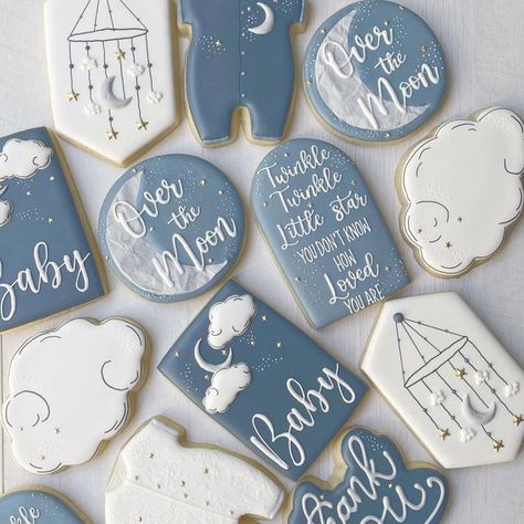 Moon Baby Shower Theme, Moon Stars Baby Shower, Twin Boys Baby Shower, Baby Boy Cookies, Baby Boy Sprinkle, Moon Cookies, Crazy Cookies, Baby Shower Theme Decorations, Twinkle Twinkle Baby Shower