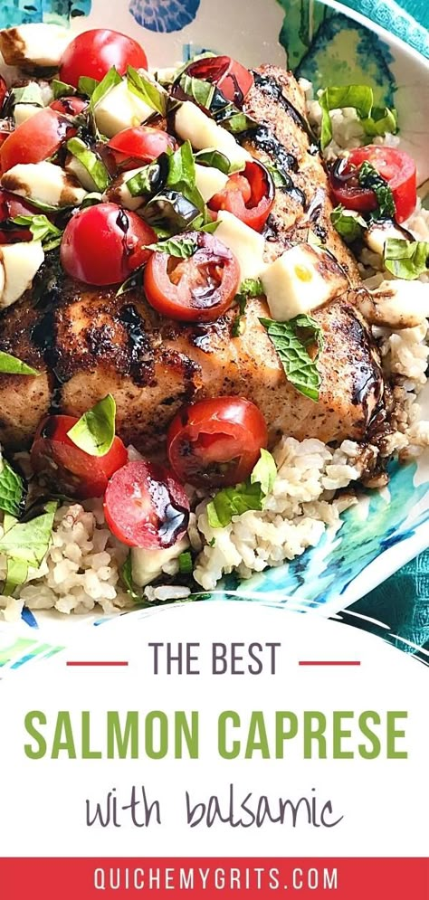 salmon with caprese topping Roasted Salmon Caprese, Mediterranean Salmon And Rice, Salmon And Basil Recipes, Salmon And Cherry Tomatoes, Salmon Caprese Salad, Salmon Cherry Tomatoes, Caprese Fish, Salmon And Tomato Recipes, Salmon Tomato Recipe