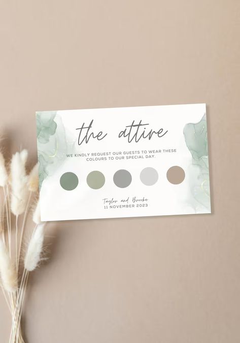 The Attire Sage Watercolour Template Full Editable Modern - Etsy Wedding Attire Card, Dress Code Card, Wedding Guest Dress Code, Sage Wedding Colors, Color Palette Wedding, Dress Code Wedding, Sage Green Wedding, Green Wedding Invitations, Minimalist Wedding Invitations