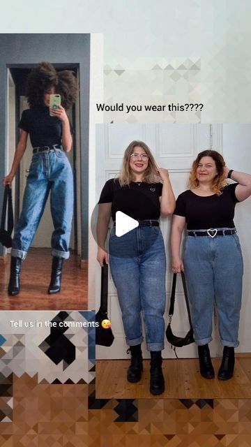 Judith+Ines | curvy style & body acceptance on Instagram: "Real friends don't copy - they match 😉❤️

So here's some proof that cool outfits look good on EVERY BODY, tall, short, large, small, straight or curvy...just rock the looks you like 😎 

Love adding even more body diversity to our lil corner of the internet, so thanks for doing this look with me @stephi_zlabinger 😍❤️

We both absolutely adore this outfit for it's simplicity and comfort, buy apart from practical I think it's also REALLY cool! 
What do you think of this look? Would you wear it? 
Tell us in the comments 😘
#stylehasnosize #pinterestinspired #curvyinvienna 

[Video description: Ines and her friend Stephi are showing you a pinterest pic of a tall skinny woman wearing black boots, mom jeans, a black top, black belt and Tall Curvy Women Outfits, Curvy Outfit Inspiration, Big Calves Women Outfit, Boots Mom Jeans, Short And Curvy Outfits, Outfits For Short Women Curvy, Wardrobe Overhaul, Short Large, Chubby Fashion