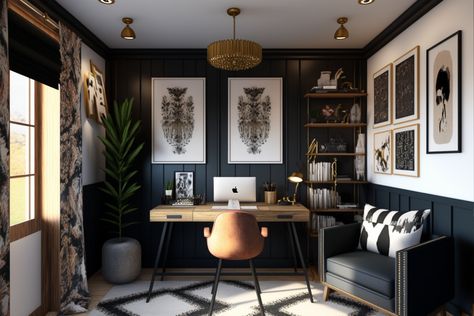 Dark Boho Office Room, Stylish Home Office Modern, Afro Boho Office Decor, Moody Boho Home Office, Black And White Boho Office, Boho Farmhouse Office Decor, Black Walls Office, Boho Chic Home Office, Bohemian Office Space