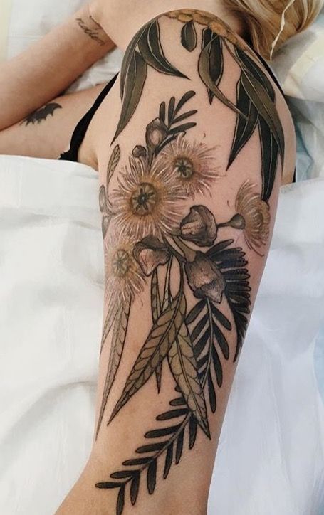 Sophia Baughan Tattoo, Native Australian Tattoo, Australian Botanical Tattoo, Australian Flora Tattoo, Botanical Forearm Tattoo, Australian Tattoo Ideas, Botanical Tattoo Vintage, Botanical Tattoos, Australian Tattoo