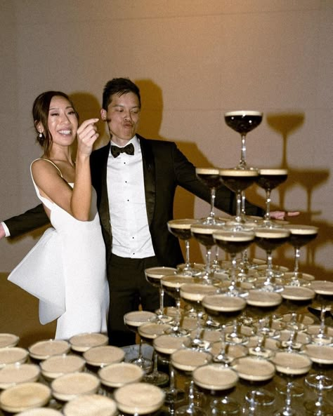 Martini Bar Wedding Receptions, How To Champagne Tower, Espresso Martini Fountain, Espresso Bar Wedding, Espresso Martini Wedding Bar, Wedding Espresso Martini, Espresso Martini Tower Wedding, Espresso Martini Bar Wedding, Espresso Martini Tower