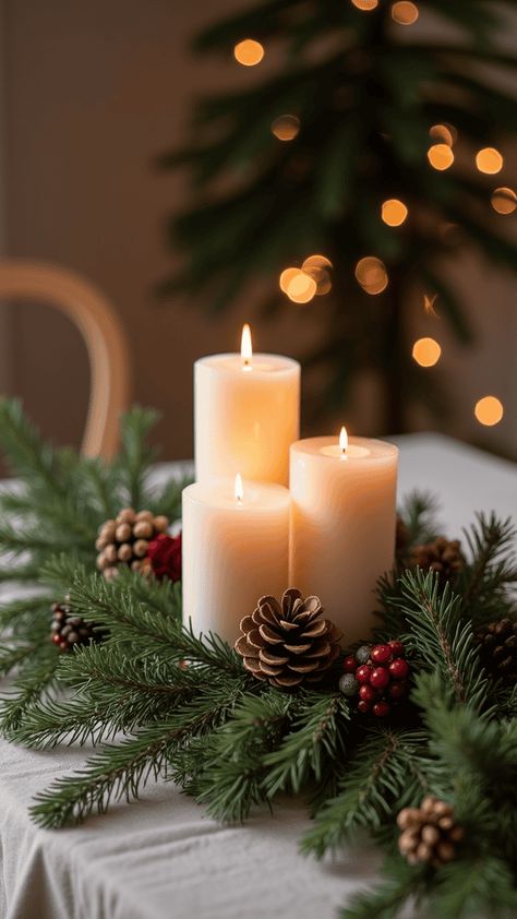 A cozy candle arrangement with three lit candles surrounded by pinecones and festive greenery. Evergreen Centerpiece, Pine Centerpiece, Dark Romantic Wedding, Evergreen Wedding, Earth Tone Wedding, Cozy Candle, Book Centerpieces, Candle Arrangements, Winter Centerpieces