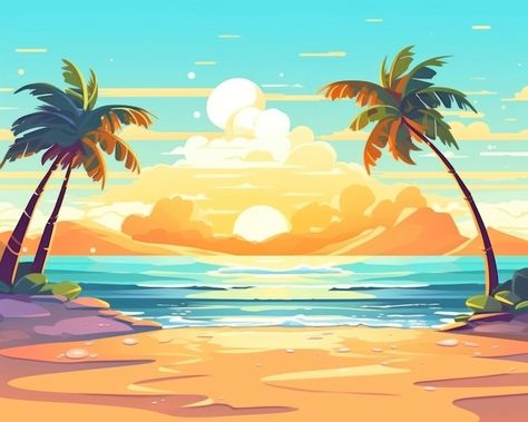 Tropical Background Illustration, Tropical Island Illustration, Beach Design Illustration, Beach Cartoon Background, Beach Illustration Art, Beachy Backgrounds, Summer Illustration Design, Animated Beach, Beach Pop Art