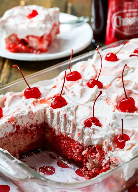 Cheerwine Poke Cake has lots of cherry flavor and makes a great summer potluck dessert. Cheerwine Cake Recipe, Cheerwine Cake, Cherry Poke Cake, Cheerwine Recipes, Potluck Recipes Dessert, Wine Cake, Summer Potluck, Potluck Desserts, Southern Desserts