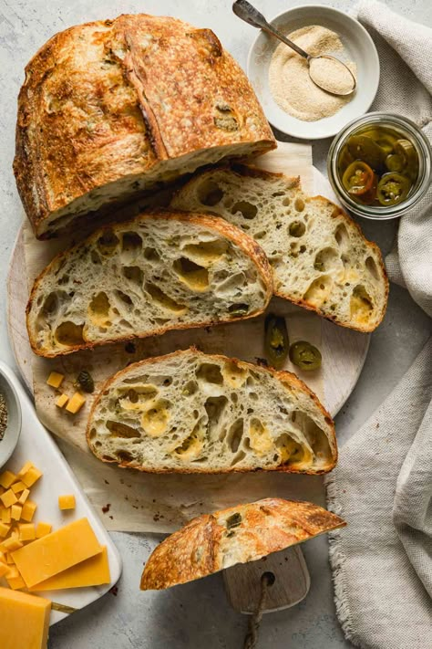 Jalapeño-Cheddar Sourdough Bread | Lemons + Anchovies Cheddar Sourdough Bread, Olive Bread, Sourdough Pizza, Sourdough Starter Recipe, Jalapeno Cheddar, Sliced Bread, Loaf Of Bread, Sourdough Baking, Sourdough Bread Recipe